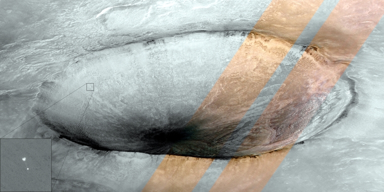 Phoenix w�hrend seines Landeabstieg vor dem Krater Heimdall